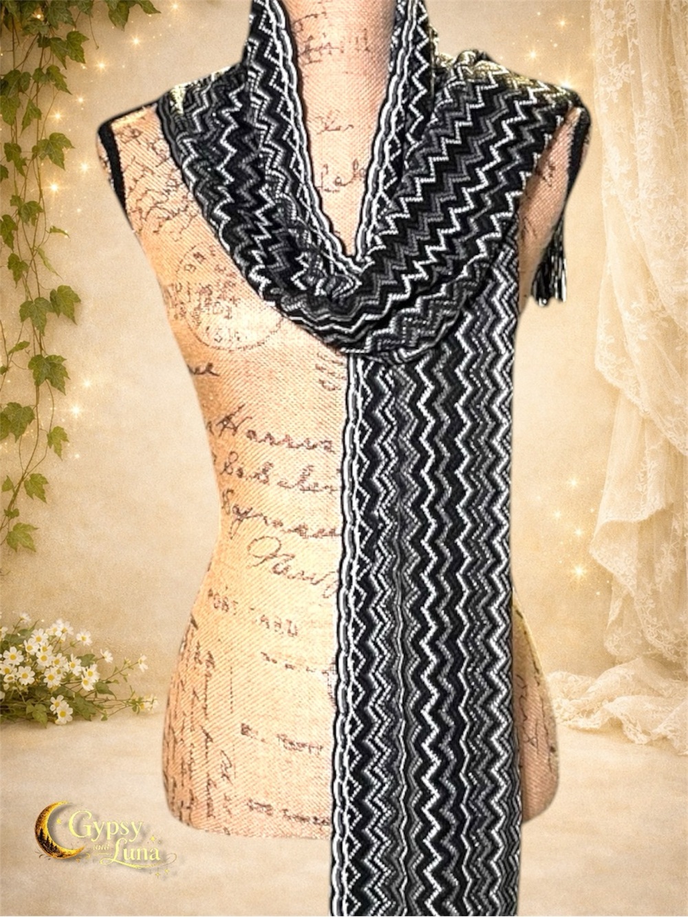 Black & White Zigzag Fringe Scarf